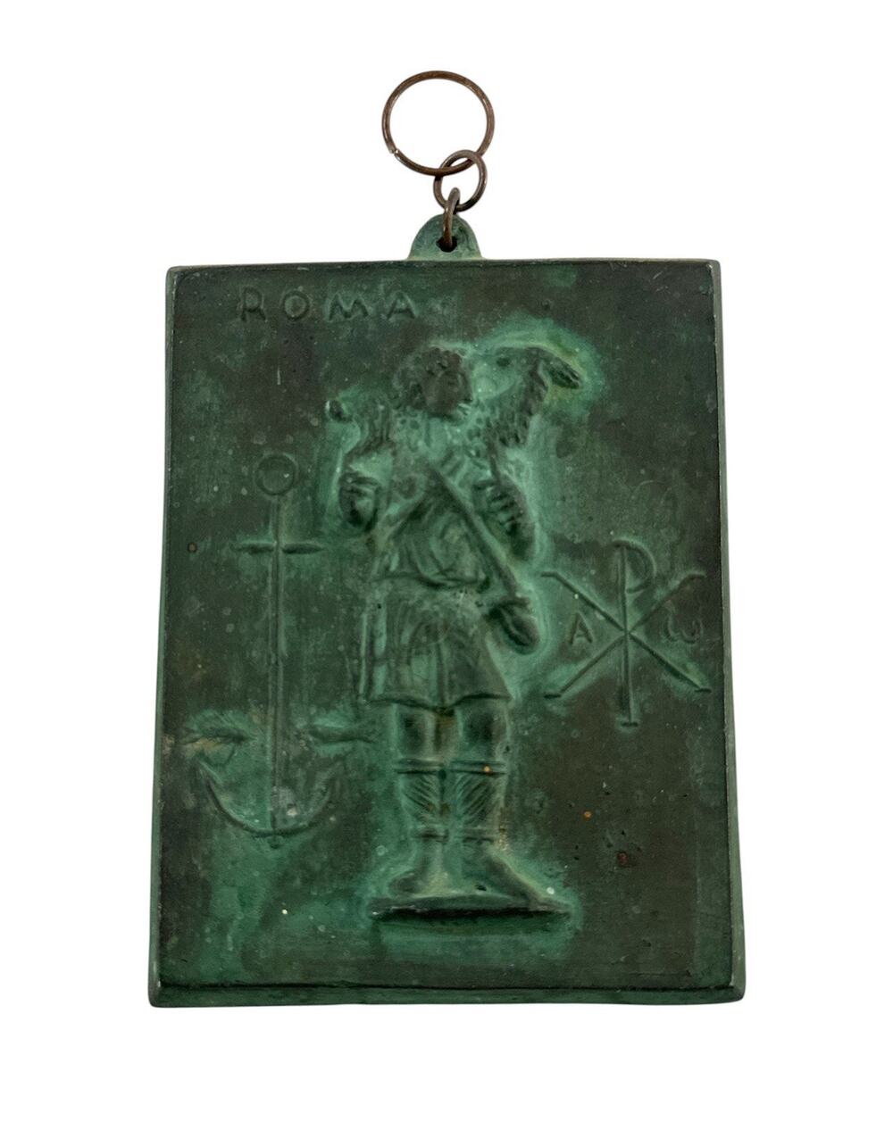 Vintage Bronze Roma Good Shepherd Plaque Chi Rho Early Christian Rome Italy 3.5”